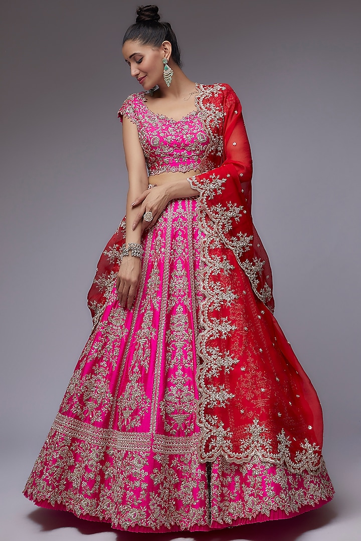 Pink Raw Silk Bridal Lehenga Set by Anushree Reddy at Pernia's Pop Up Shop