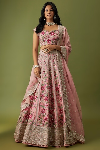 Pink Organza Embroidered Lehenga Set by Anushree Reddy