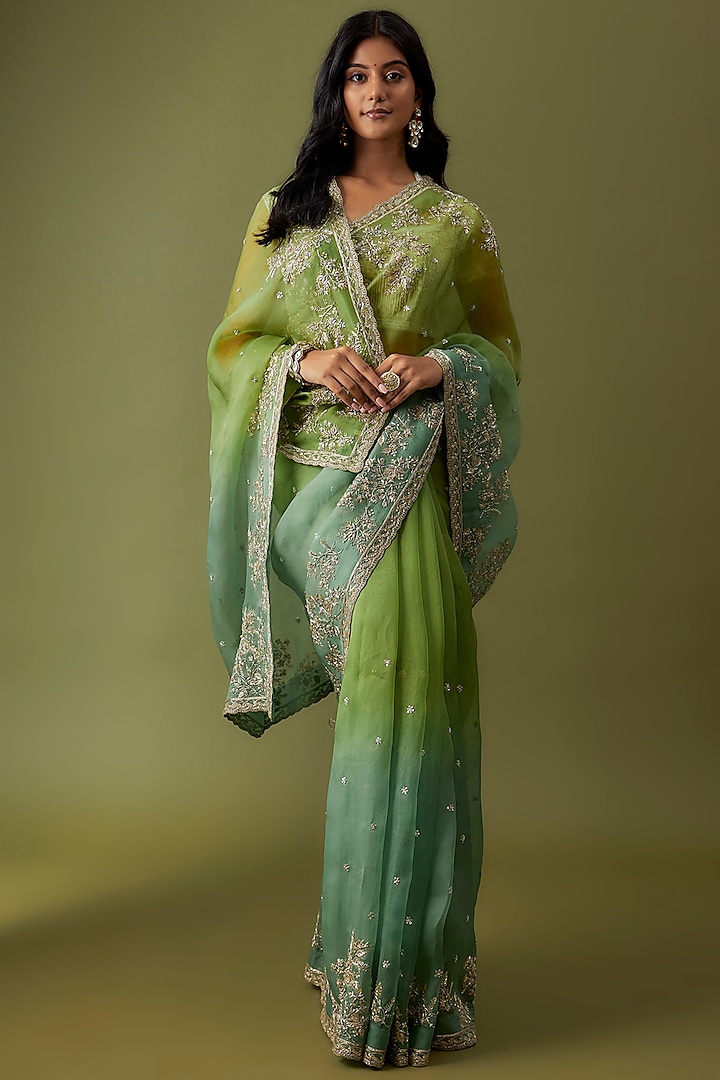 Green & Ombre Organza Embroidered Saree Set by Anushree Reddy at Pernia's Pop Up Shop