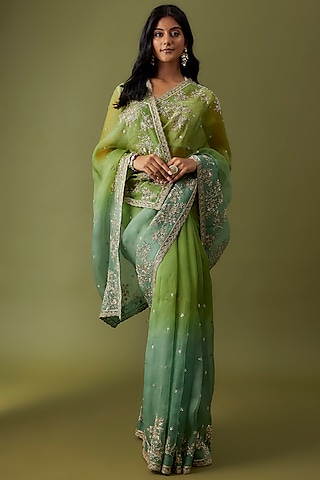 Green & Ombre Organza Embroidered Saree Set by Anushree Reddy