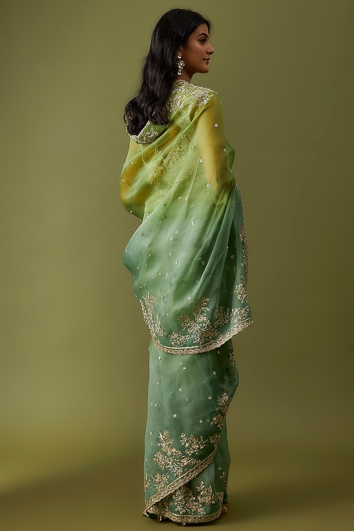 Green & Ombre Organza Embroidered Bridal Saree Set by Anushree Reddy at Pernia's Pop Up Shop