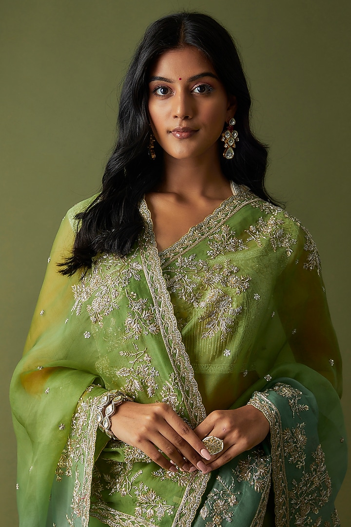 Green & Ombre Organza Embroidered Bridal Saree Set by Anushree Reddy at Pernia's Pop Up Shop