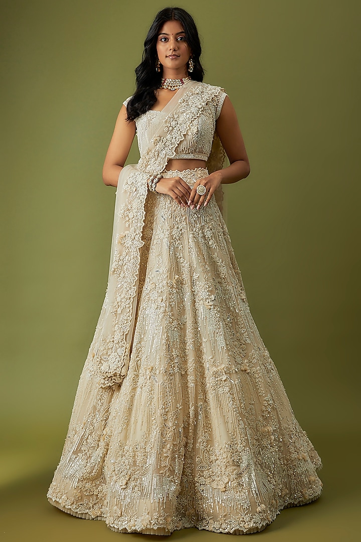 Ivory Organza Embroidered Bridal Lehenga Set by Anushree Reddy at Pernia's Pop Up Shop