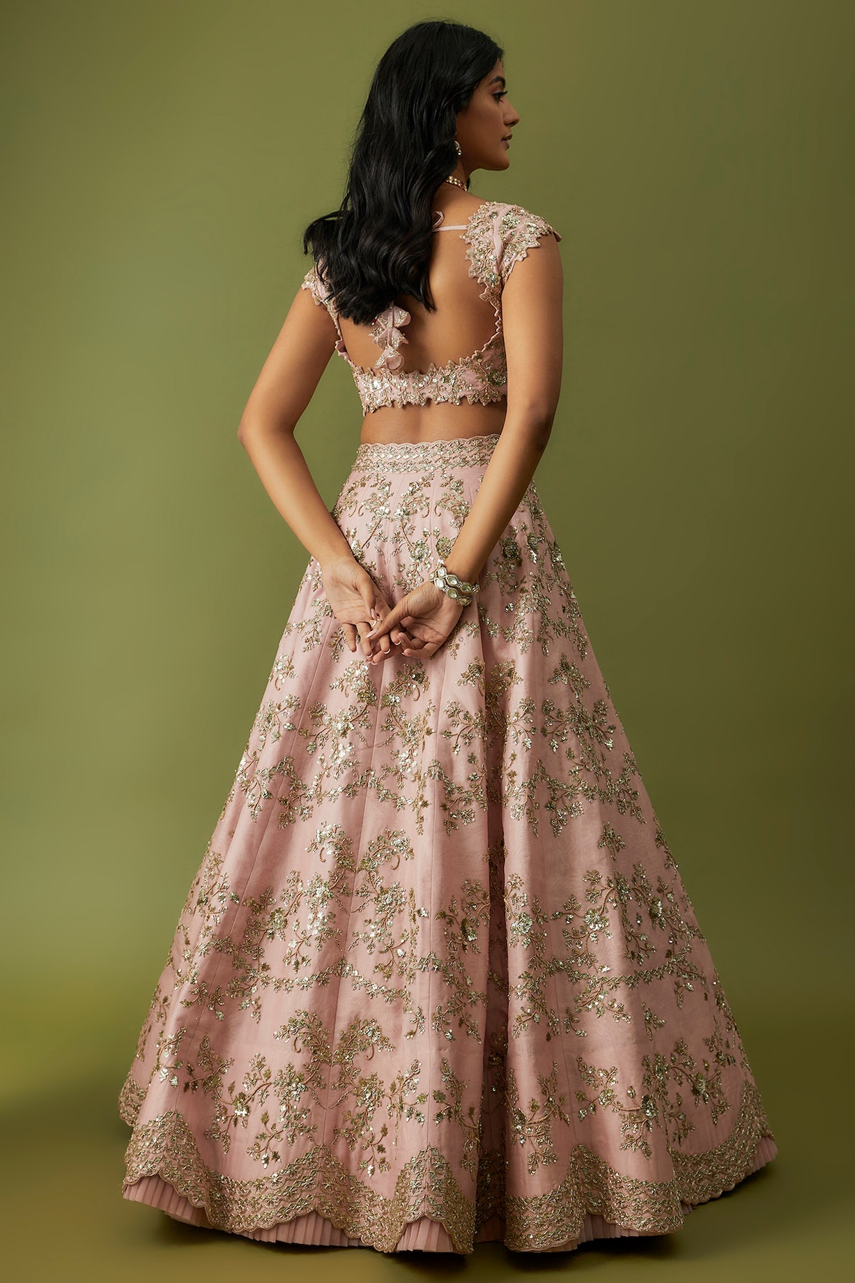 Pink Organza Thread & Mirror Embroidered Lehenga Set