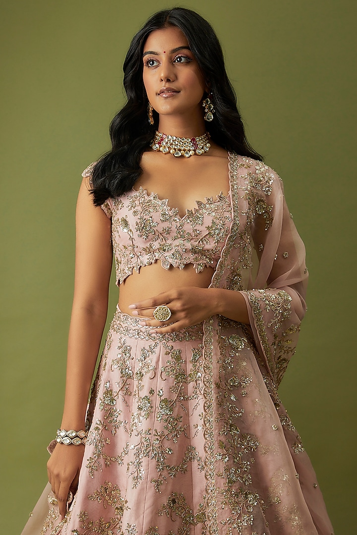 Pink Organza Embroidered Bridal Lehenga Set by Anushree Reddy at Pernia's Pop Up Shop