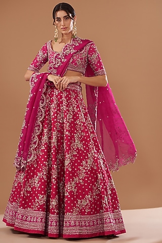 Red Raw Silk Embroidered Lehenga Set by Anushree Reddy