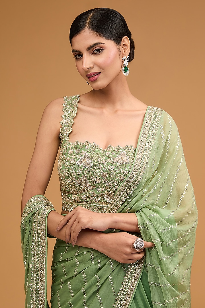 Sea Green Chiffon Sequins Embroidered Ruffled Reception Saree Set by Anushree Reddy at Pernia's Pop Up Shop