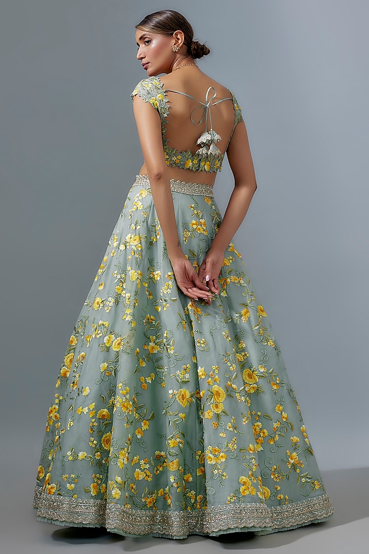 Sea Blue Organza Floral Embroidered Bridal Lehenga Set by Anushree Reddy at Pernia's Pop Up Shop