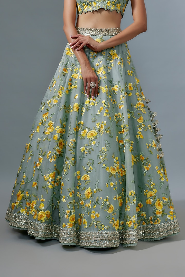 Sea Blue Organza Floral Embroidered Bridal Lehenga Set by Anushree Reddy at Pernia's Pop Up Shop