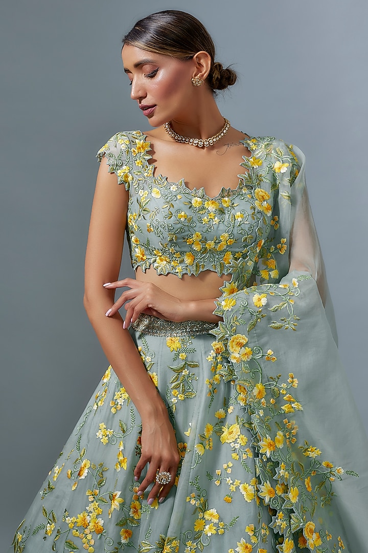 Sea Blue Organza Floral Embroidered Bridal Lehenga Set by Anushree Reddy at Pernia's Pop Up Shop