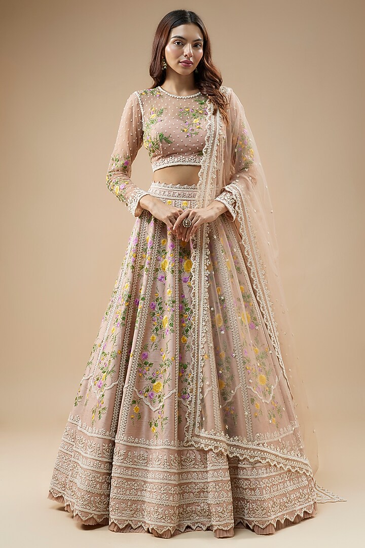 Champagne Raw Silk Pearl Hand & Machine Embroidered Bridal Lehenga Set by Anushree Reddy at Pernia's Pop Up Shop