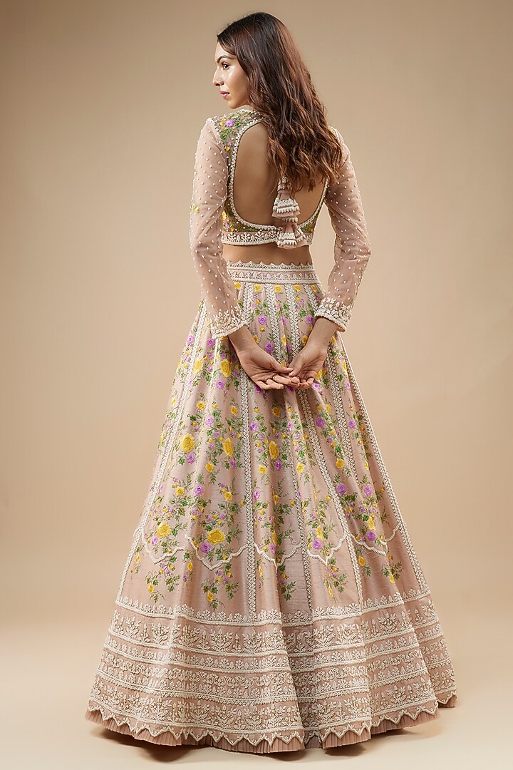 Champagne Raw Silk Pearl Hand & Machine Embroidered Bridal Lehenga Set by Anushree Reddy at Pernia's Pop Up Shop