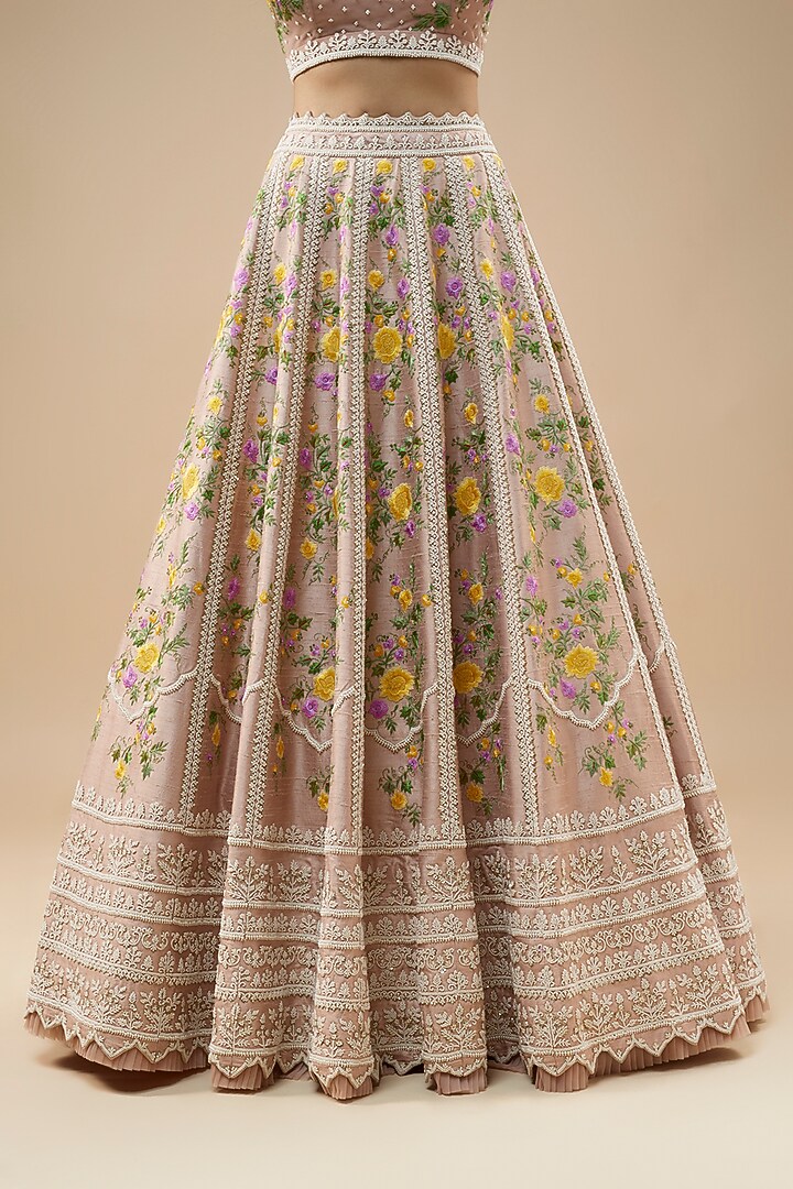 Champagne Raw Silk Pearl Hand & Machine Embroidered Bridal Lehenga Set by Anushree Reddy at Pernia's Pop Up Shop
