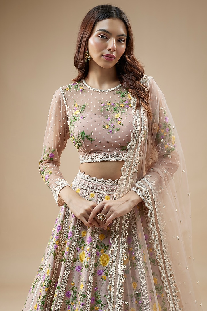 Champagne Raw Silk Pearl Hand & Machine Embroidered Bridal Lehenga Set by Anushree Reddy at Pernia's Pop Up Shop