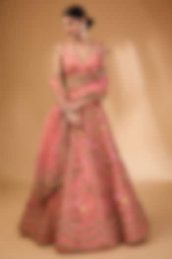 Coral Organza Thread Hand Embroidered Bridal Lehenga Set by Anushree Reddy at Pernia's Pop Up Shop