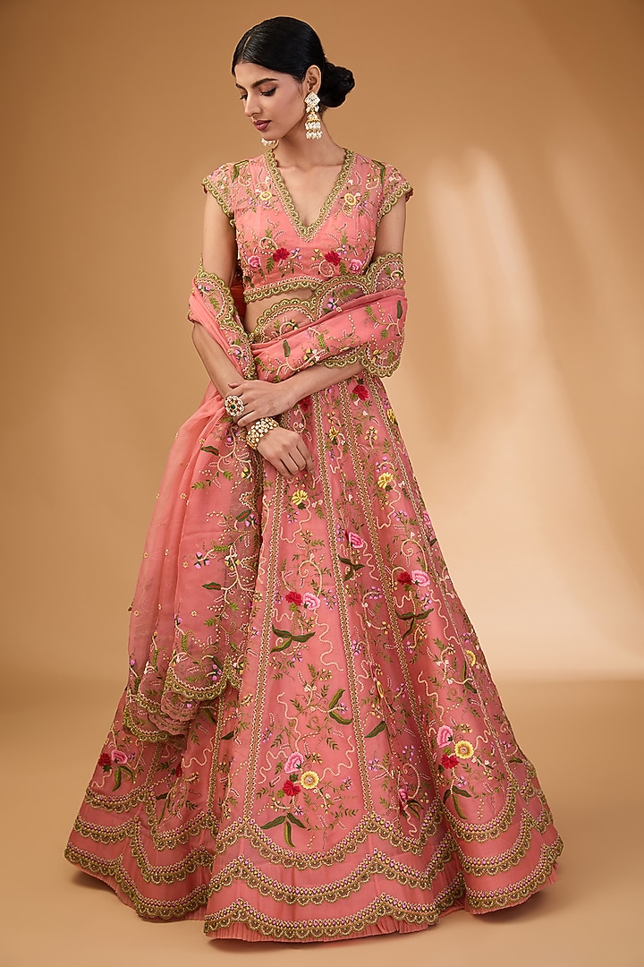 Coral Organza Thread Hand Embroidered Bridal Lehenga Set by Anushree Reddy at Pernia's Pop Up Shop