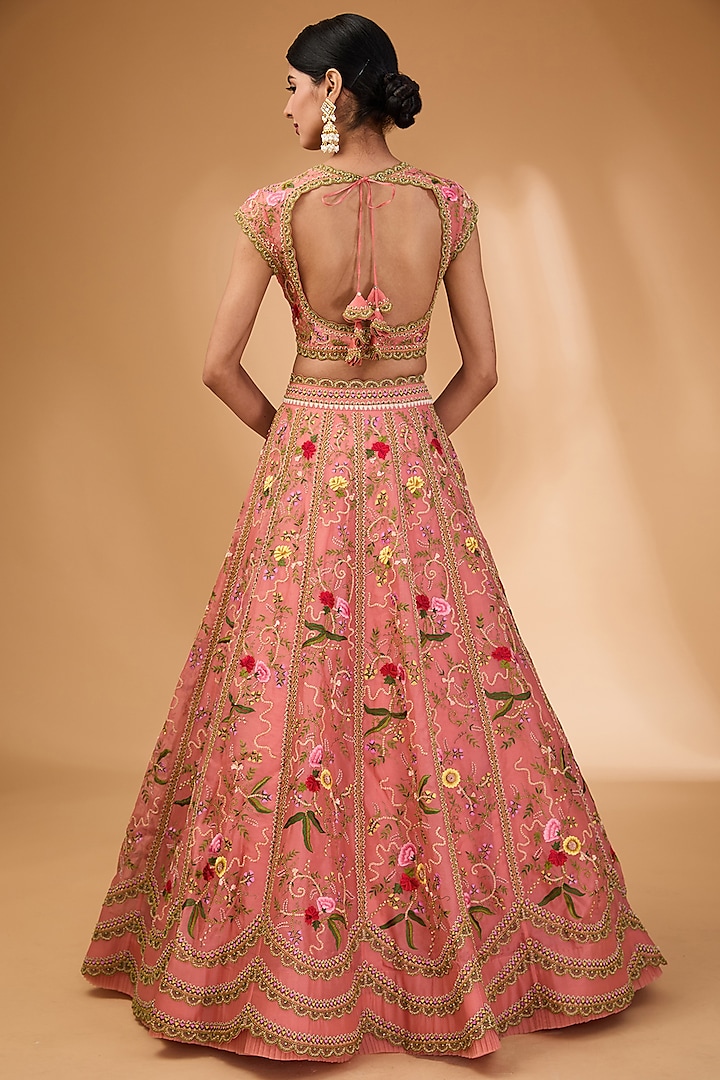 Coral Organza Thread Hand Embroidered Bridal Lehenga Set by Anushree Reddy at Pernia's Pop Up Shop