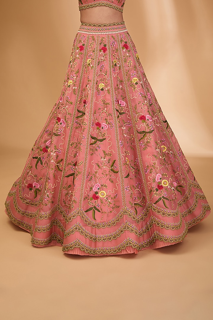 Coral Organza Thread Hand Embroidered Bridal Lehenga Set by Anushree Reddy at Pernia's Pop Up Shop