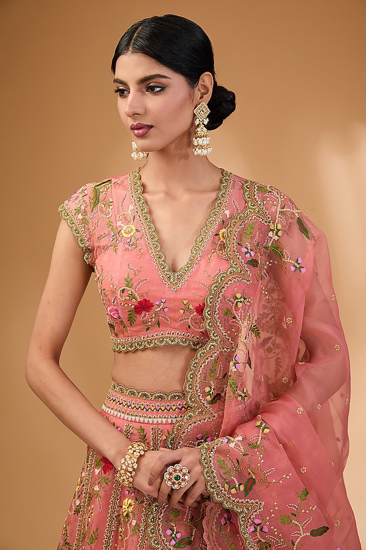 Coral Organza Thread Hand Embroidered Bridal Lehenga Set by Anushree Reddy at Pernia's Pop Up Shop