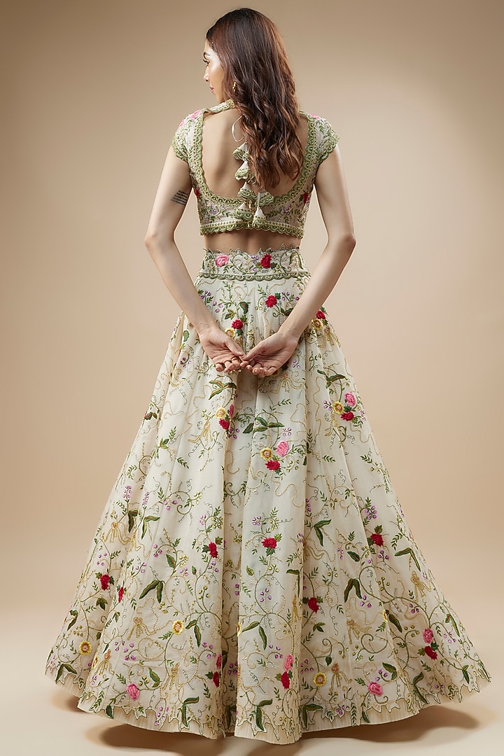 Ivory Organza Thread Hand & Machine Embroidered Bridal Lehenga Set by Anushree Reddy at Pernia's Pop Up Shop