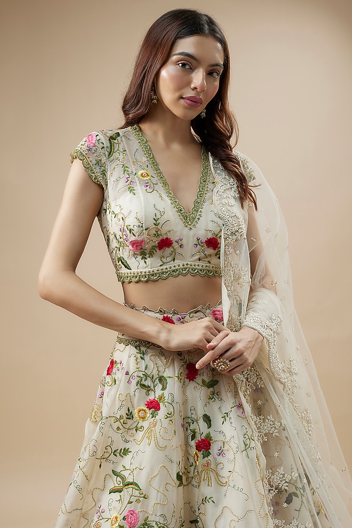 Ivory Organza Thread Hand & Machine Embroidered Bridal Lehenga Set by Anushree Reddy at Pernia's Pop Up Shop