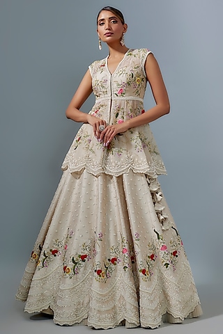 Ivory Organza Multi-Colored Thread Embroidered Jacket Lehenga Set by Anushree Reddy