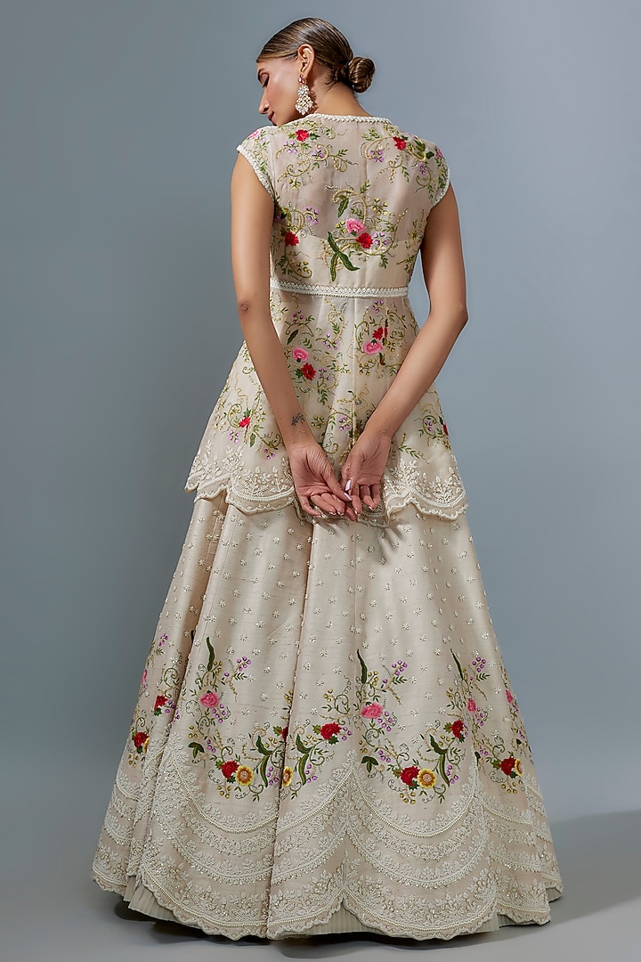 Ivory Organza Multi-Colored Thread Embroidered Jacket Bridal Lehenga Set by Anushree Reddy at Pernia's Pop Up Shop