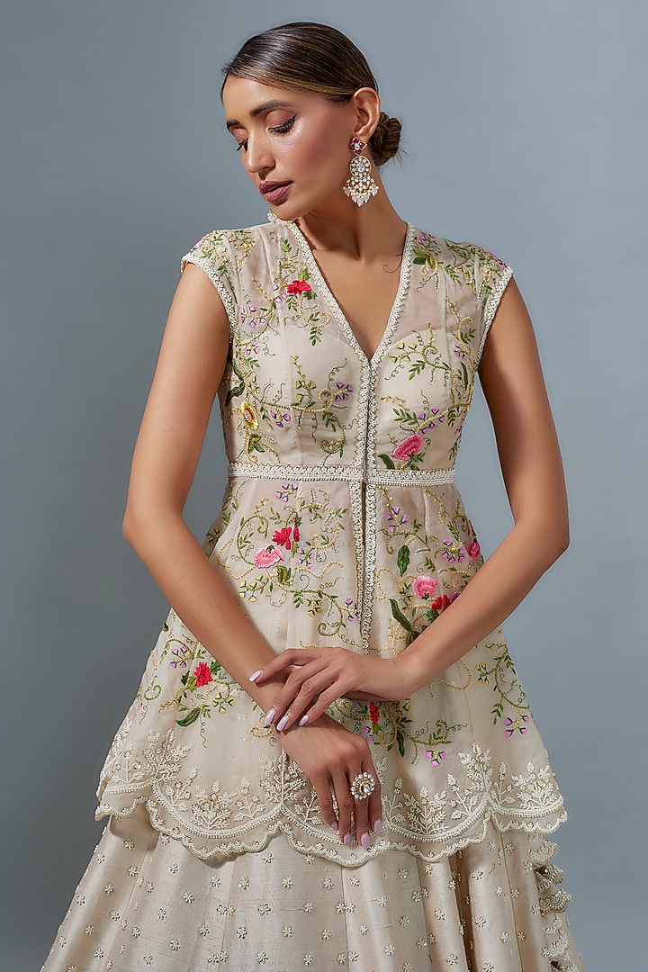 Ivory Organza Multi-Colored Thread Embroidered Jacket Bridal Lehenga Set by Anushree Reddy at Pernia's Pop Up Shop