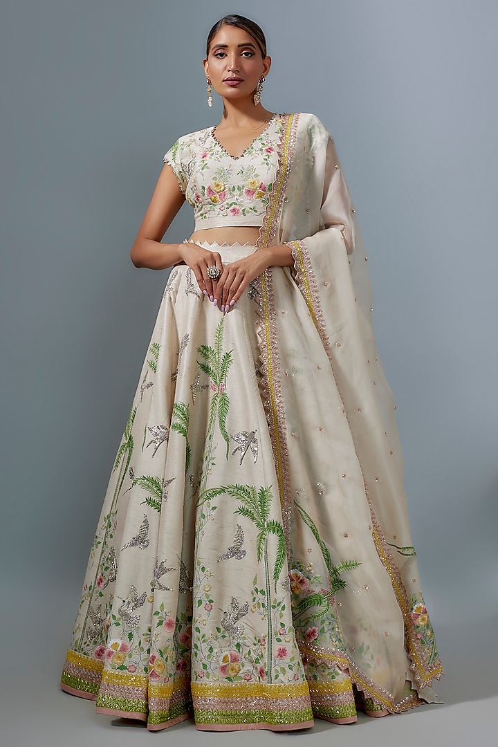 Ivory Raw Silk Hand & Machine Embroidered Bridal Lehenga Set by Anushree Reddy at Pernia's Pop Up Shop