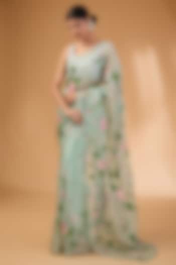 Sea Blue Organza Thread Hand & Machine Embroidered Bridal Saree Set by Anushree Reddy at Pernia's Pop Up Shop