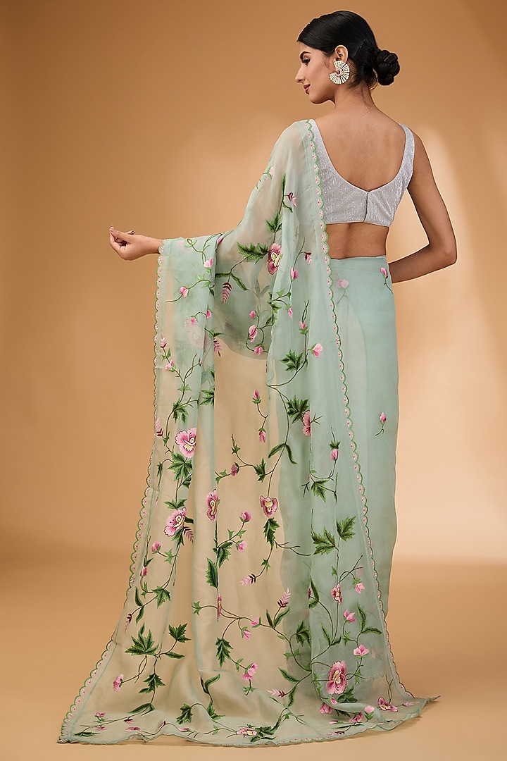 Sea Blue Organza Thread Hand & Machine Embroidered Bridal Saree Set by Anushree Reddy at Pernia's Pop Up Shop