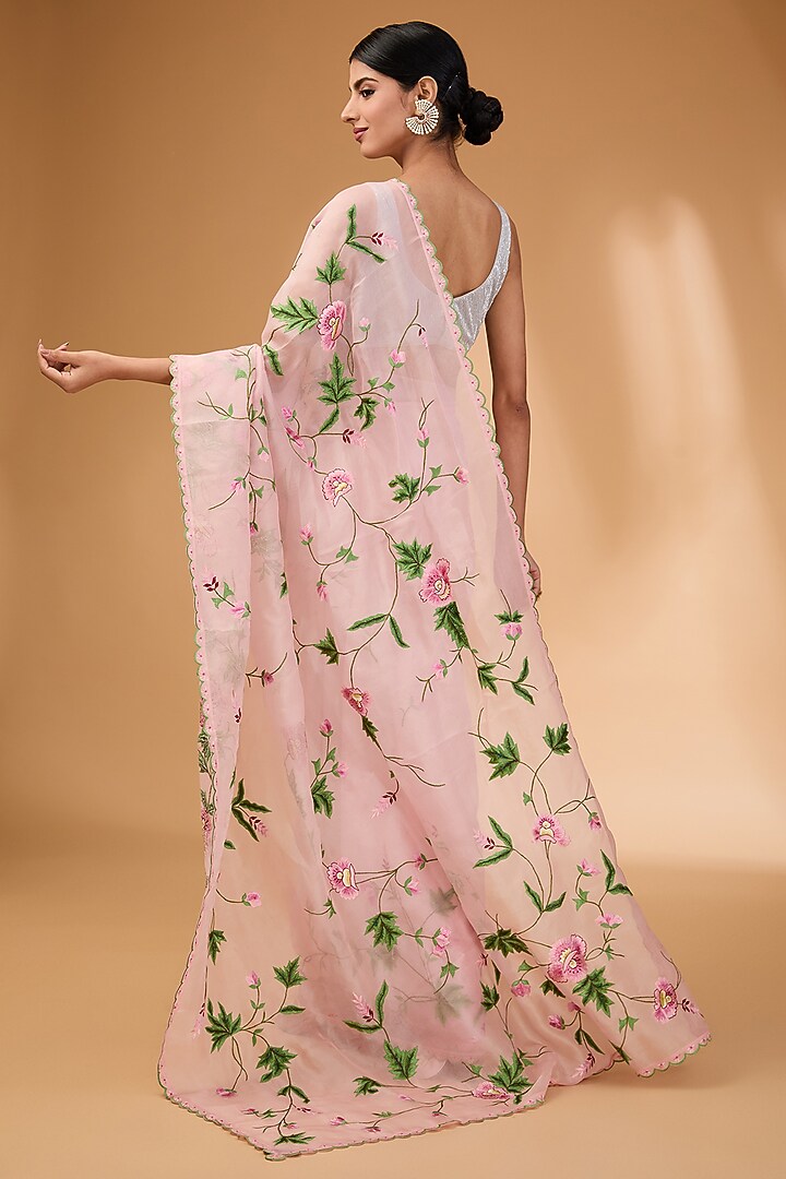 Blush Pink Organza Thread Hand & Machine Embroidered Bridal Saree Set by Anushree Reddy at Pernia's Pop Up Shop
