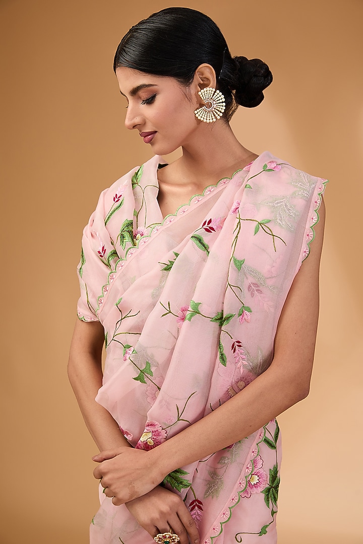Blush Pink Organza Thread Hand & Machine Embroidered Bridal Saree Set by Anushree Reddy at Pernia's Pop Up Shop