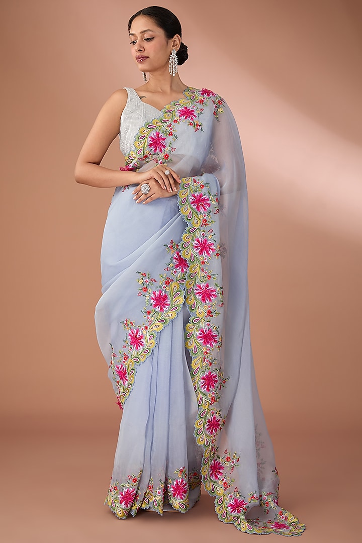 Powder Blue Organza Thread Embroidered Saree Set by Anushree Reddy at Pernia's Pop Up Shop