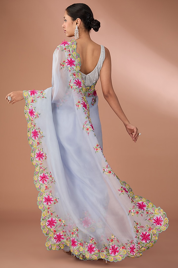 Powder Blue Organza Thread Embroidered Bridal Saree Set by Anushree Reddy at Pernia's Pop Up Shop