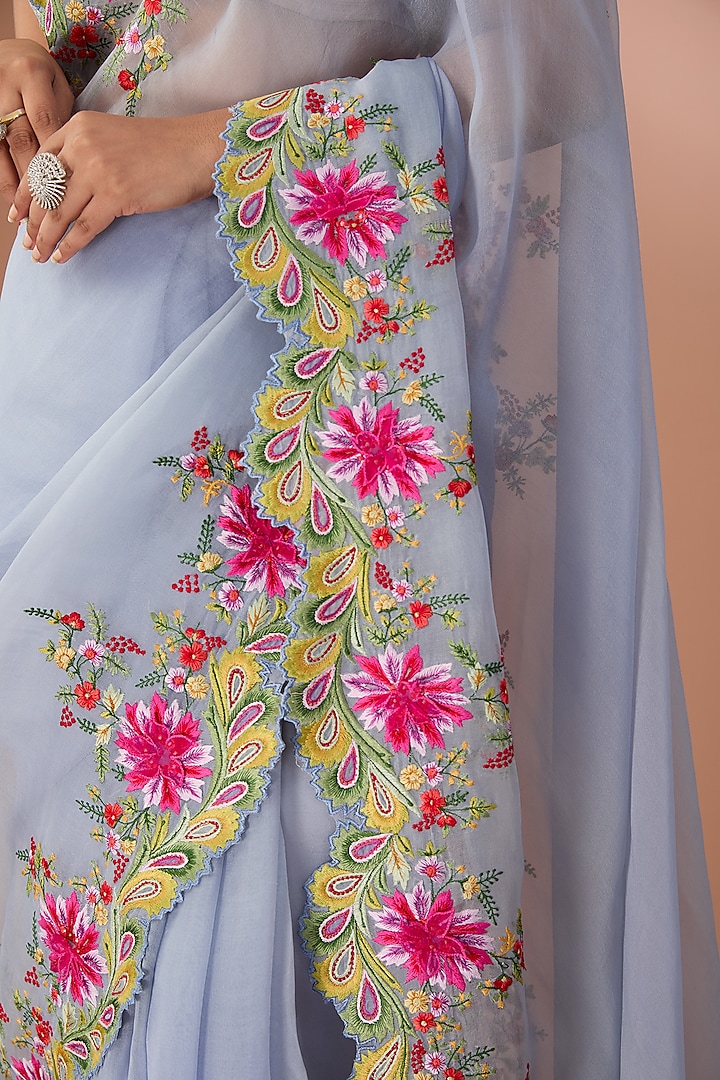 Powder Blue Organza Thread Embroidered Bridal Saree Set by Anushree Reddy at Pernia's Pop Up Shop