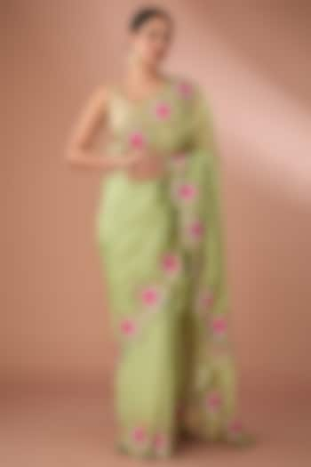 Green Organza Thread Embroidered Saree Set by Anushree Reddy at Pernia's Pop Up Shop