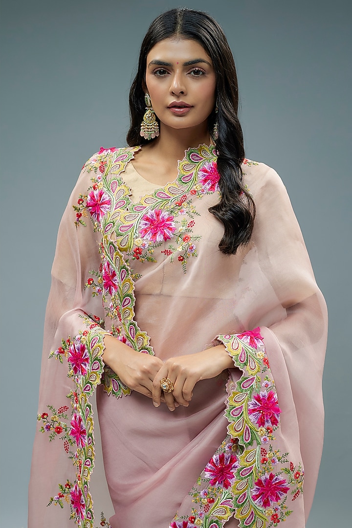Pink Organza Thread Embroidered Bridal Saree Set by Anushree Reddy at Pernia's Pop Up Shop