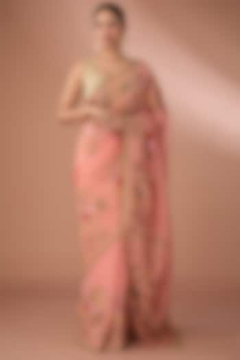 Coral Organza Thread Embroidered Saree Set by Anushree Reddy at Pernia's Pop Up Shop