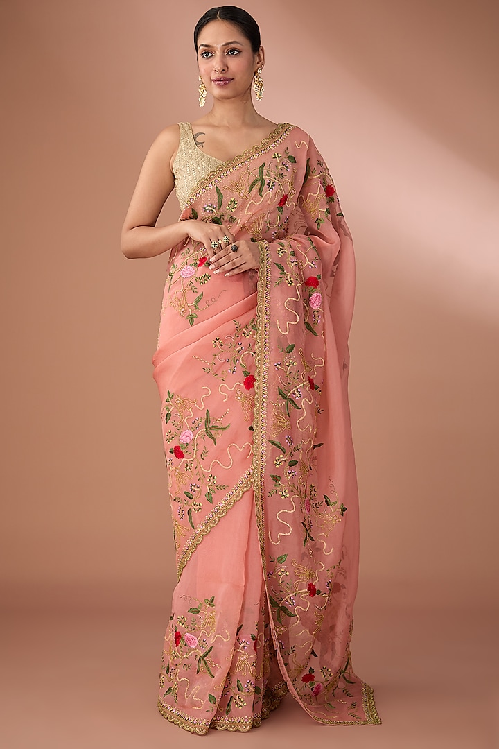 Coral Organza Thread Embroidered Saree Set by Anushree Reddy at Pernia's Pop Up Shop