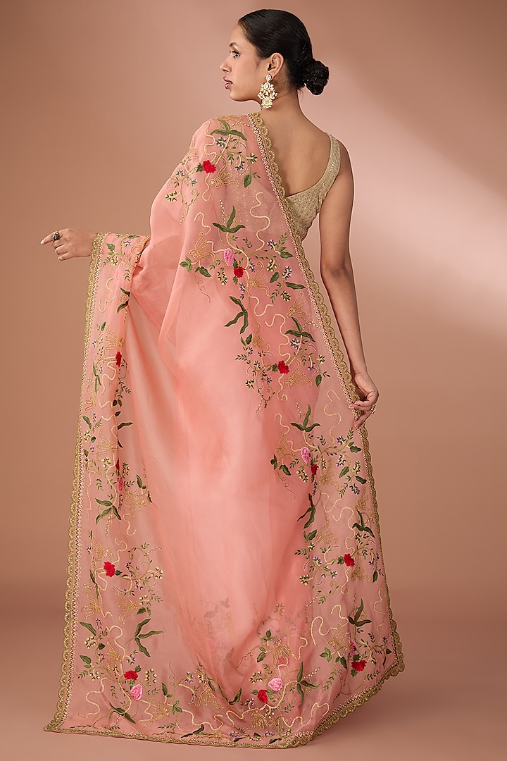 Coral Organza Thread Embroidered Bridal Saree Set by Anushree Reddy at Pernia's Pop Up Shop