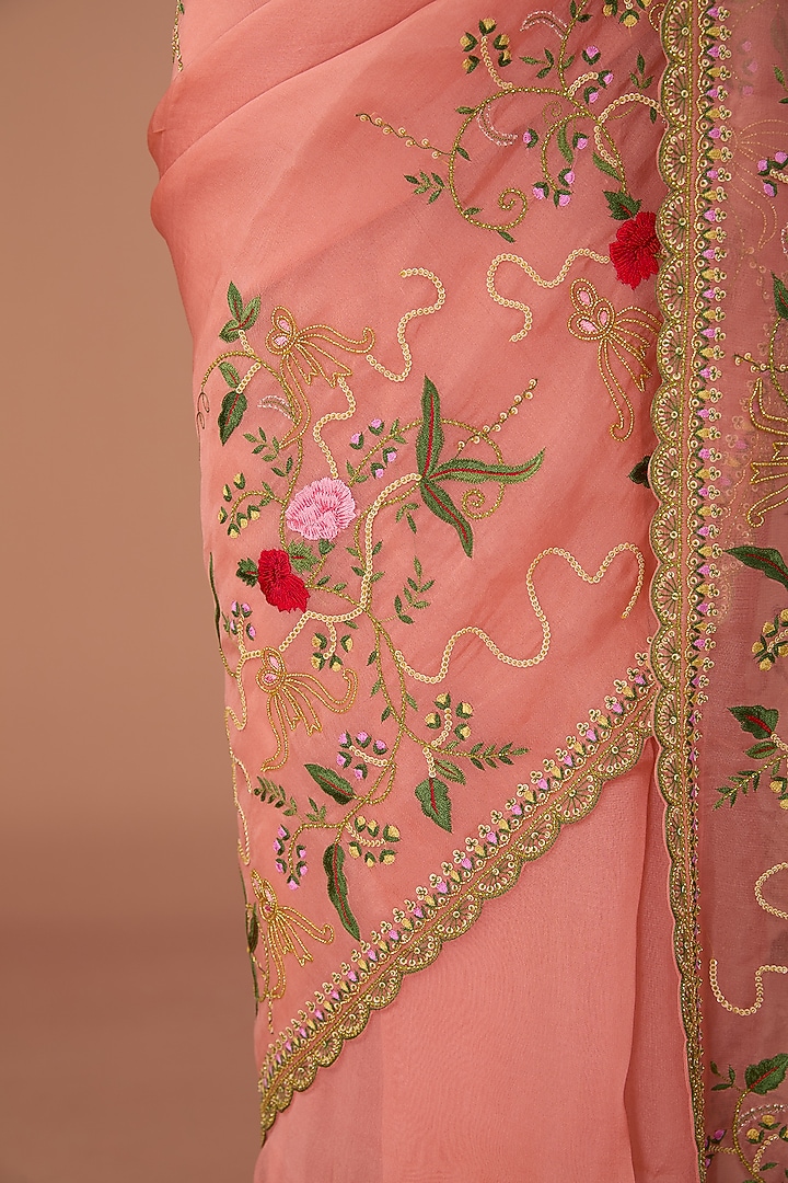 Coral Organza Thread Embroidered Bridal Saree Set by Anushree Reddy at Pernia's Pop Up Shop