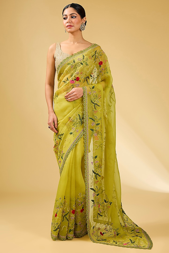 Yellow Organza Hand Embroidered Saree Set by Anushree Reddy at Pernia's Pop Up Shop