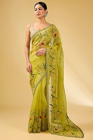 Yellow Organza Hand Embroidered Saree Set by Anushree Reddy