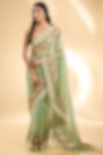 Mint Green Organza Thread Embroidered Saree Set by Anushree Reddy at Pernia's Pop Up Shop