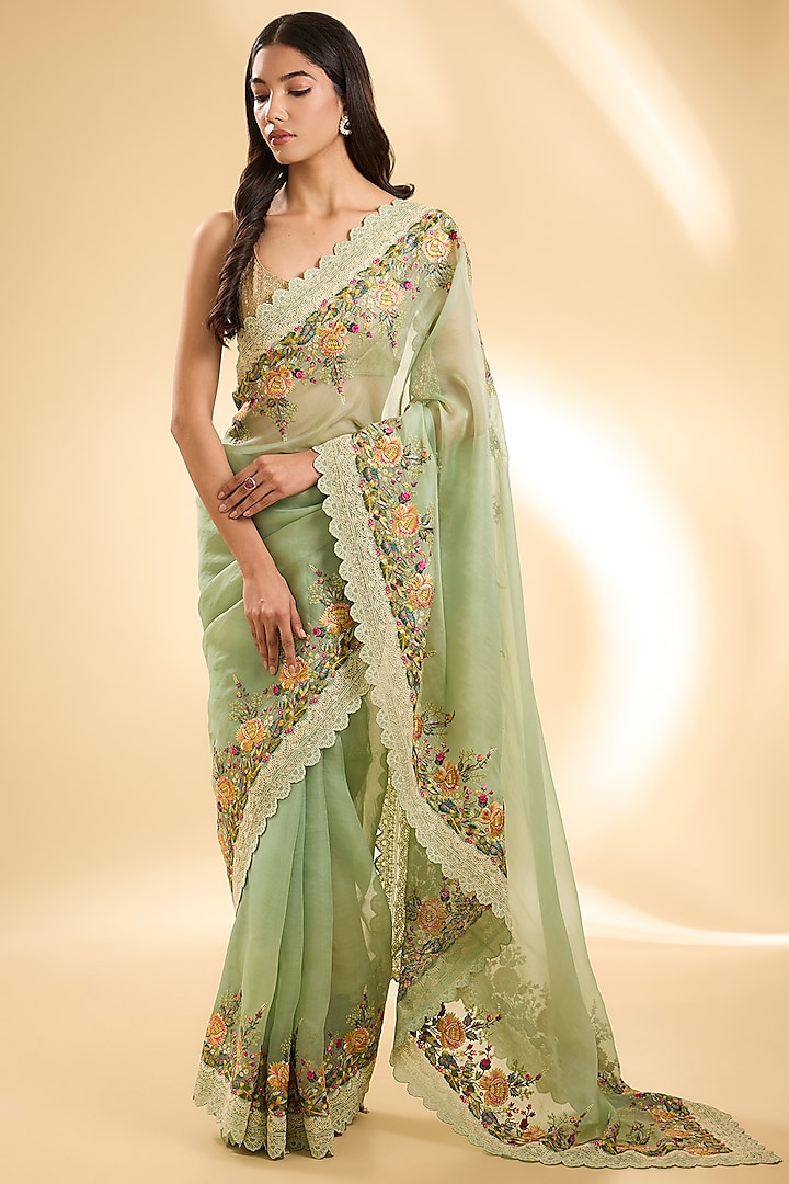 Mint Green Organza Thread Embroidered Saree Set by Anushree Reddy at Pernia's Pop Up Shop