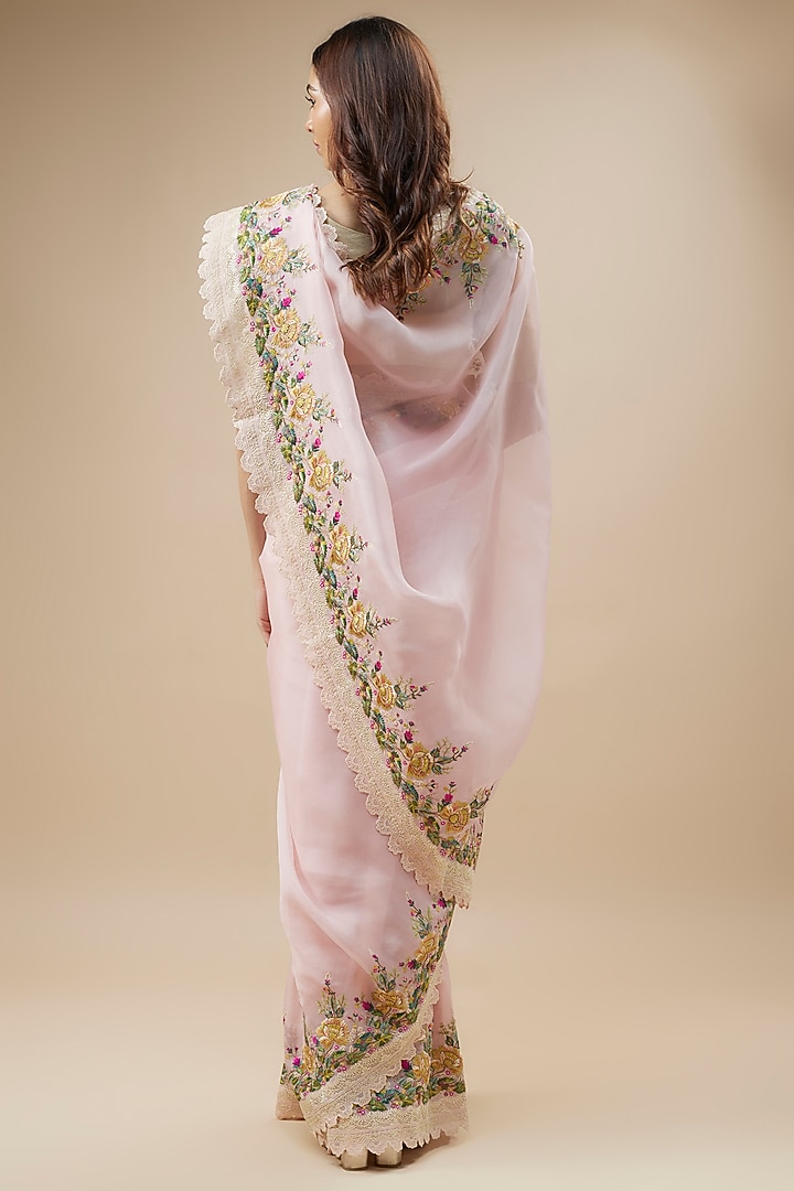 Blush Pink Organza Thread Hand & Machine Embroidered Bridal Saree Set by Anushree Reddy at Pernia's Pop Up Shop