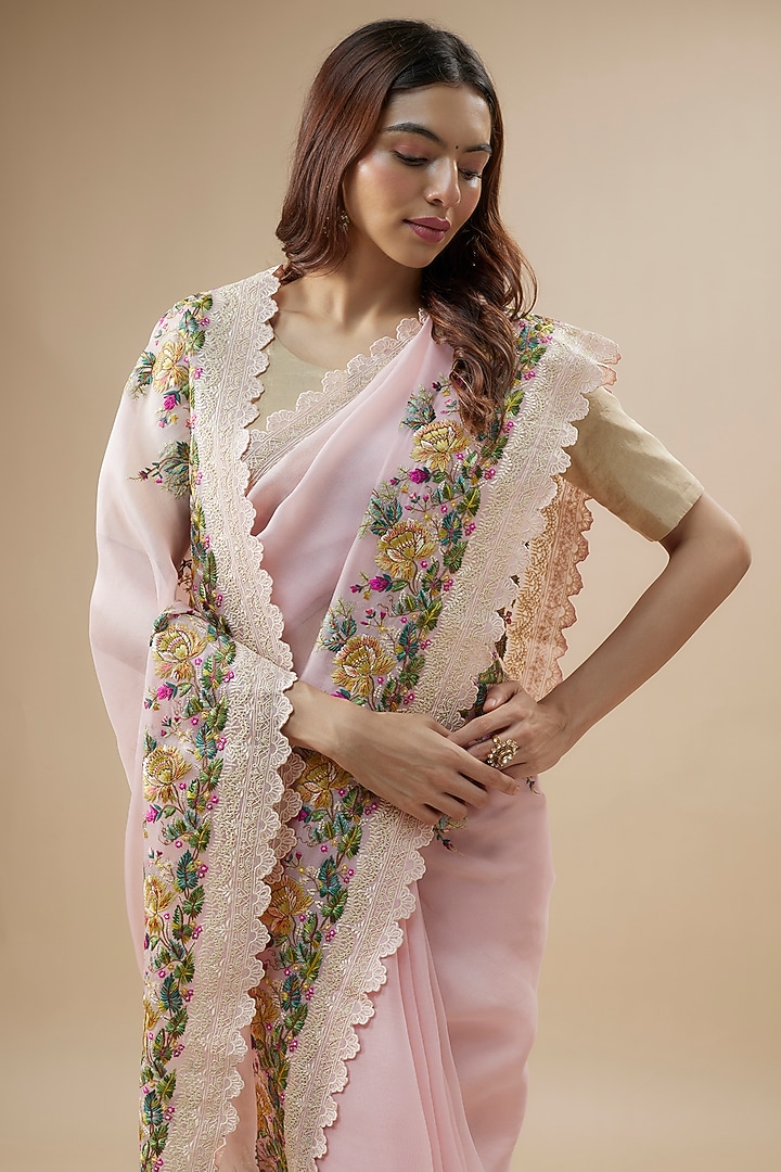 Blush Pink Organza Thread Hand & Machine Embroidered Bridal Saree Set by Anushree Reddy at Pernia's Pop Up Shop