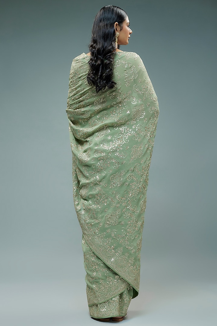 Mint Green Georgette Sequins Embroidered Bridal Saree Set by Anushree Reddy at Pernia's Pop Up Shop