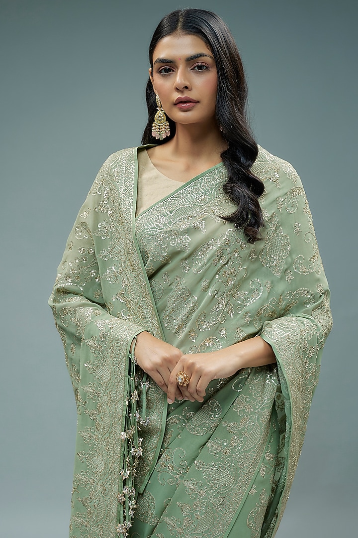 Mint Green Georgette Sequins Embroidered Bridal Saree Set by Anushree Reddy at Pernia's Pop Up Shop